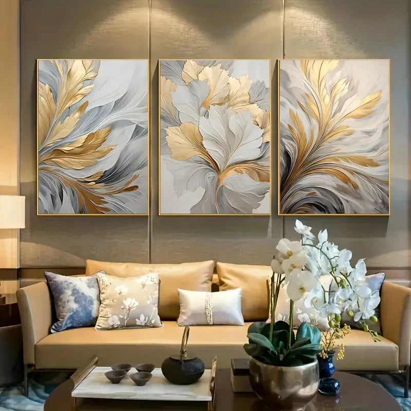 3-Piece Golden White Leaves Canvas Set