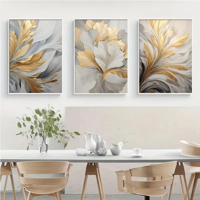 3-Piece Golden White Leaves Canvas Set