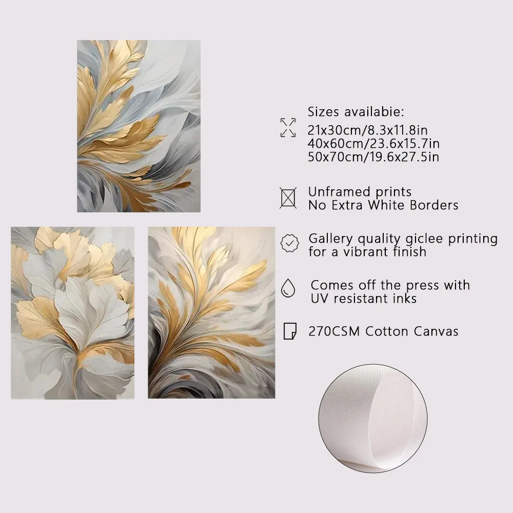 3-Piece Golden White Leaves Canvas Set