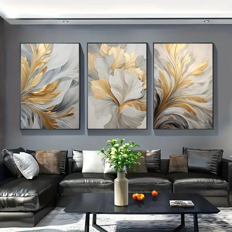 3-Piece Golden White Leaves Canvas Set