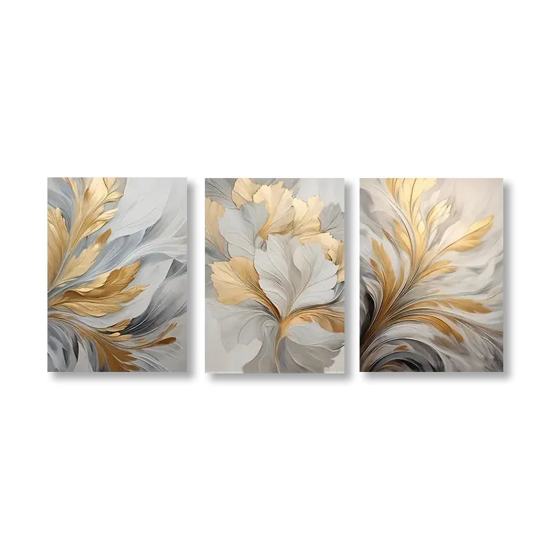 3-Piece Golden White Leaves Canvas Set