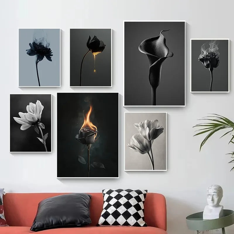 Monochrome Burning Rose & Calla Lily Art