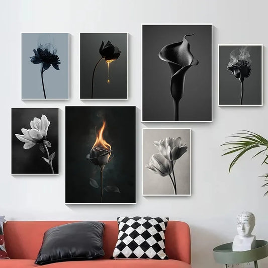 Monochrome Burning Rose & Calla Lily Art
