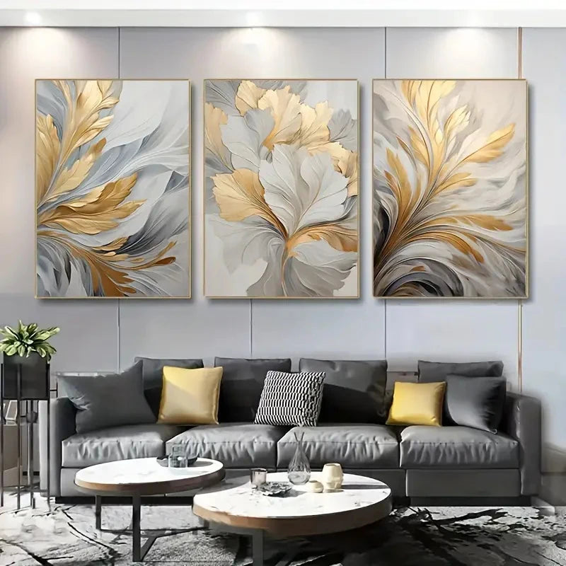 3-Piece Golden White Leaves Canvas Set